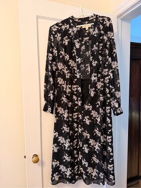 Michael Kors Black and White Floral Long Sleeve Midi Dress